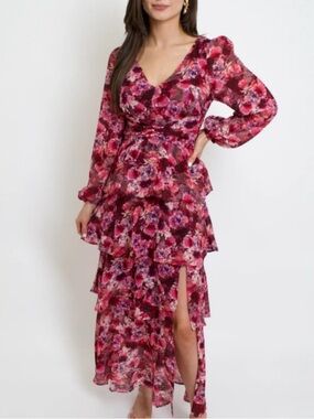 Lucy Paris Pink Floral Tiered Ruffle Maxi Dress